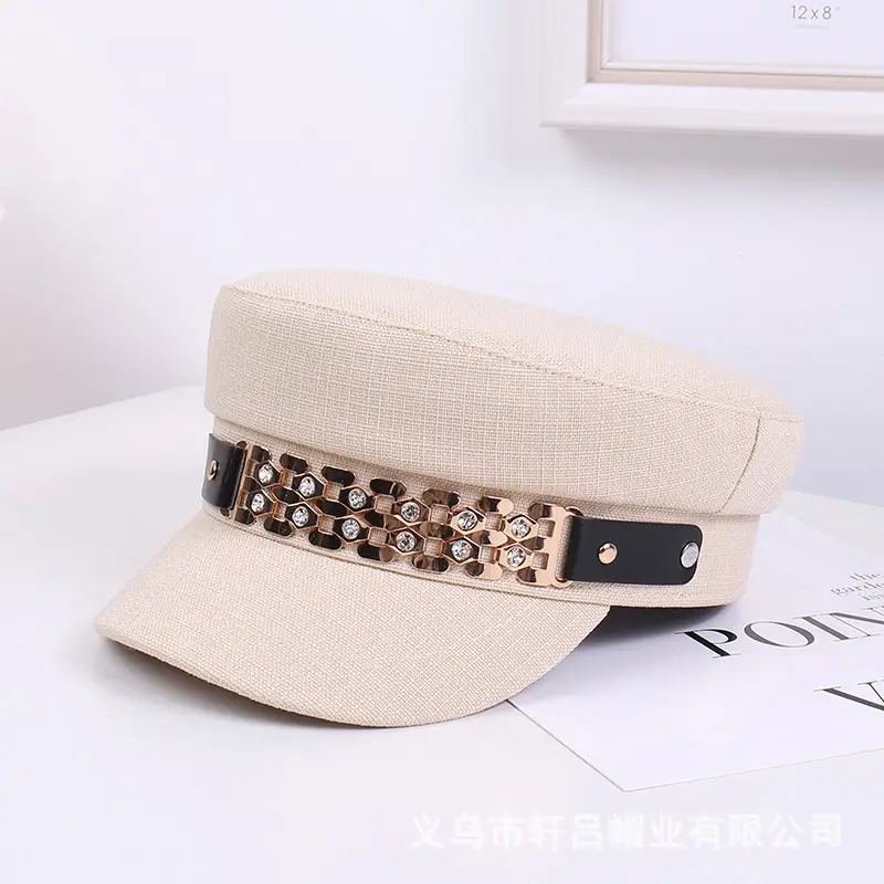 Women Korean Style Flat Cap with Rhinestone Chain & Short Bristle - Image 3