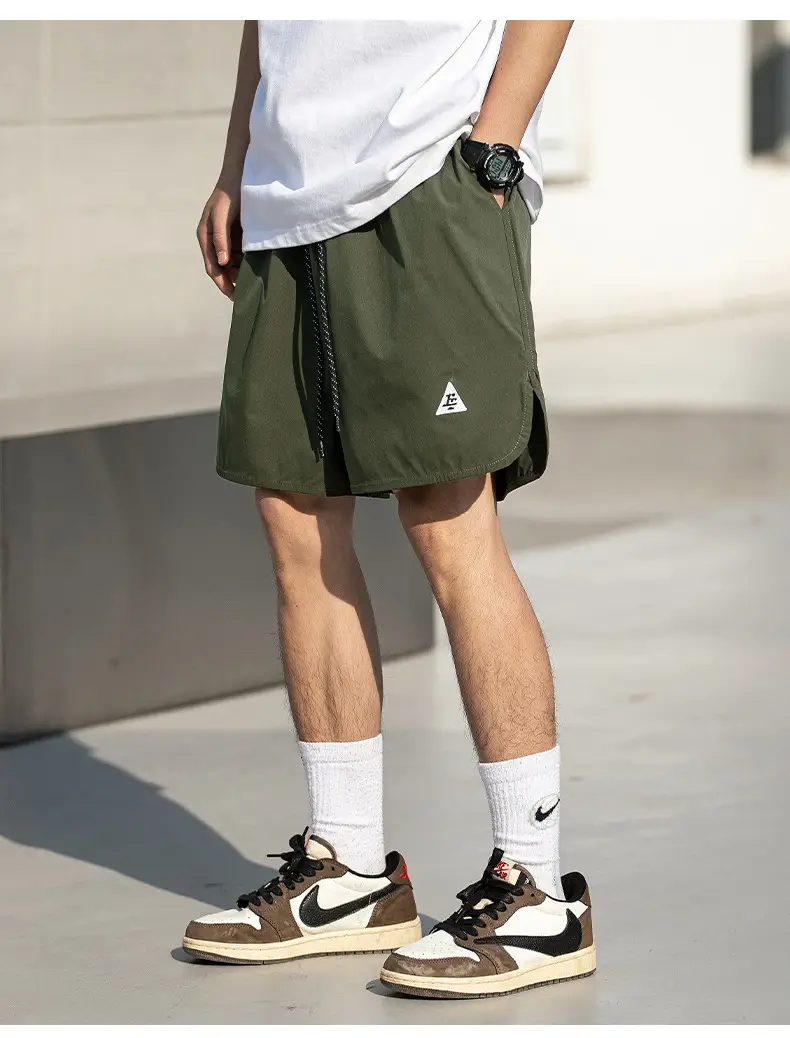 Hanlu Men Green Casual Shorts with Arc Hem — feature 13