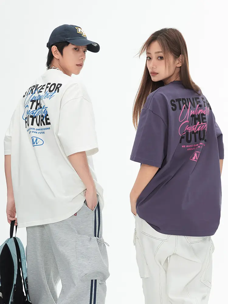 Men Women Contrast Printed T-Shirt Purple White Back Letter - Image 6