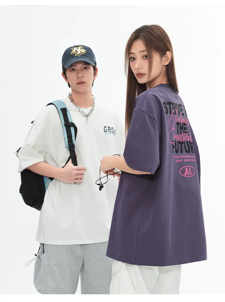Men Women Contrast Printed T-Shirt Purple White Back Letter — feature 12