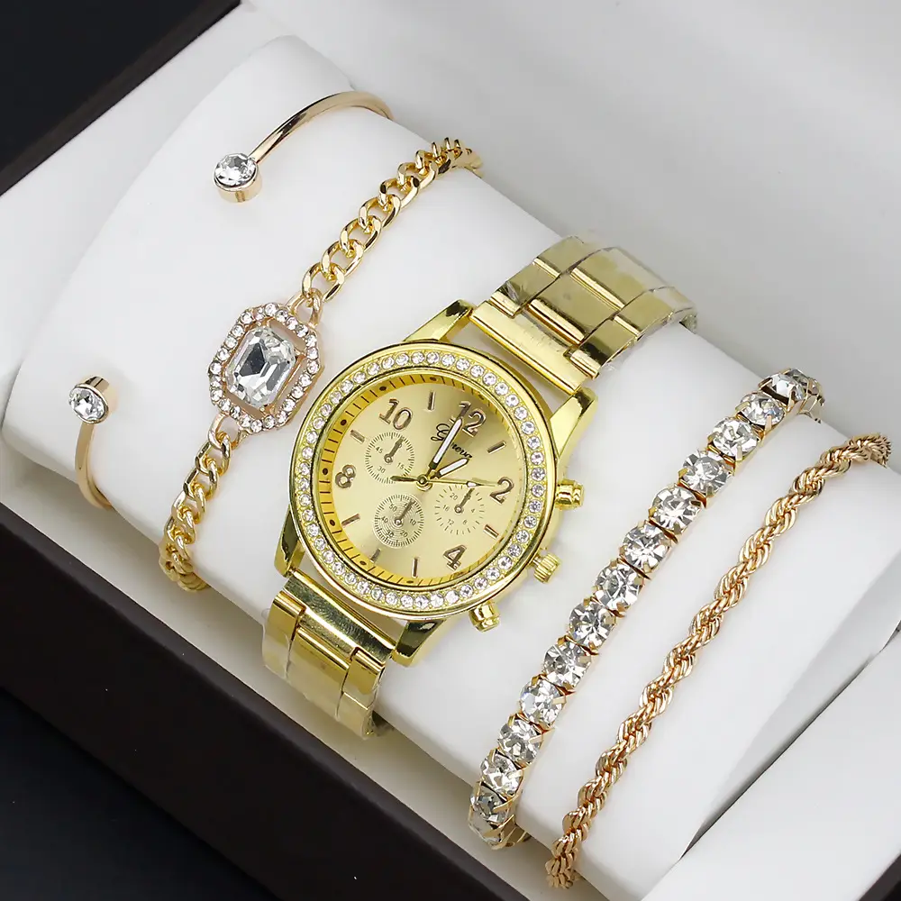 Women's Gold Quartz Watch with Diamond Bracelet Set - Image 3