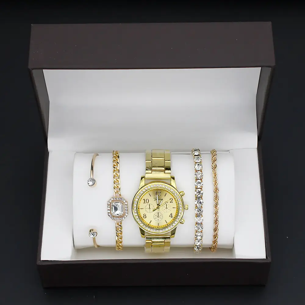 Women's Gold Quartz Watch with Diamond Bracelet Set - Image 26