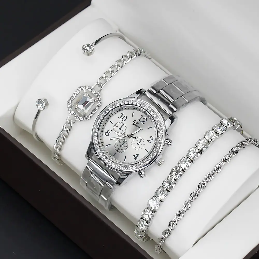 Women's Gold Quartz Watch with Diamond Bracelet Set - Image 4