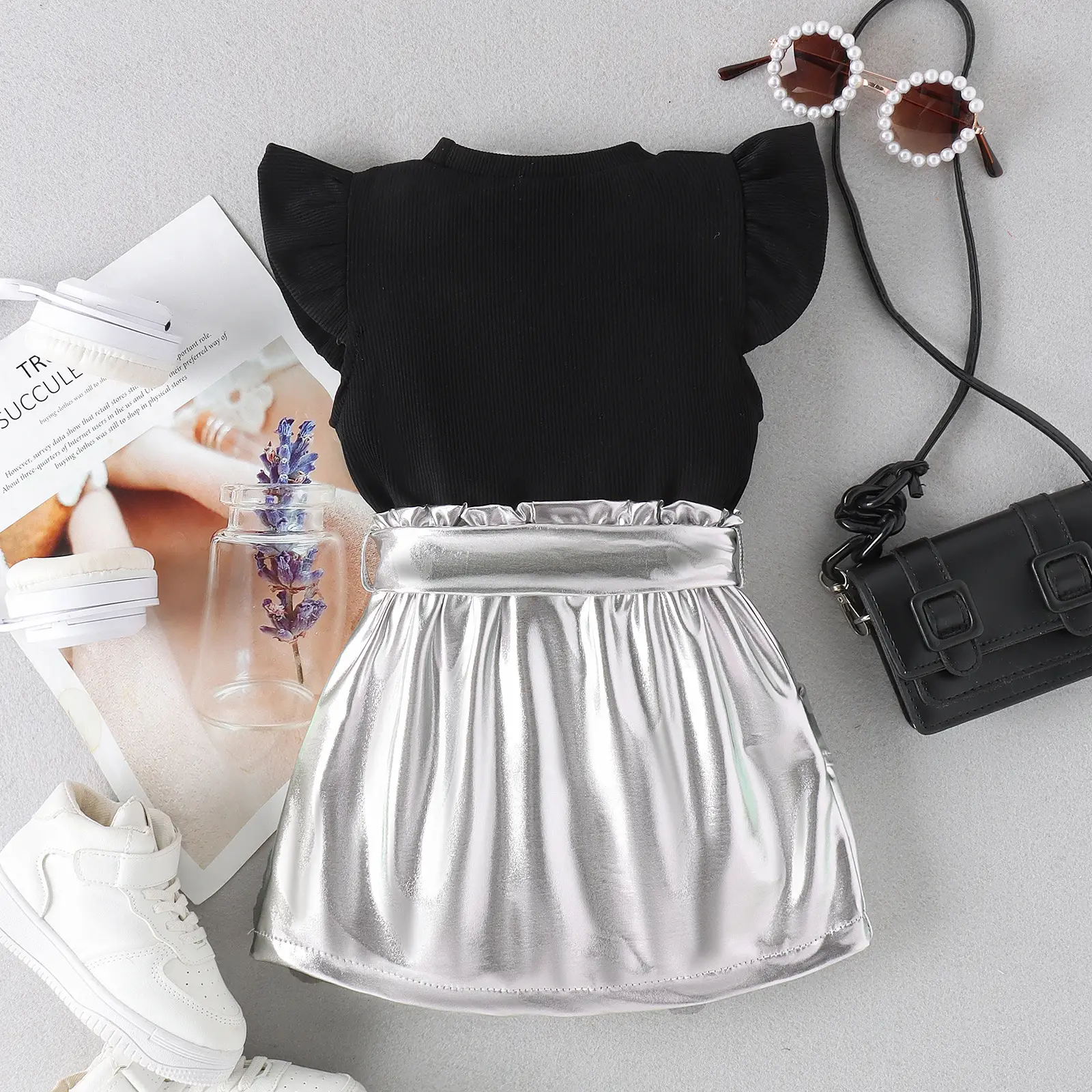Silver Skirted Girls Summer Top with Belt Set