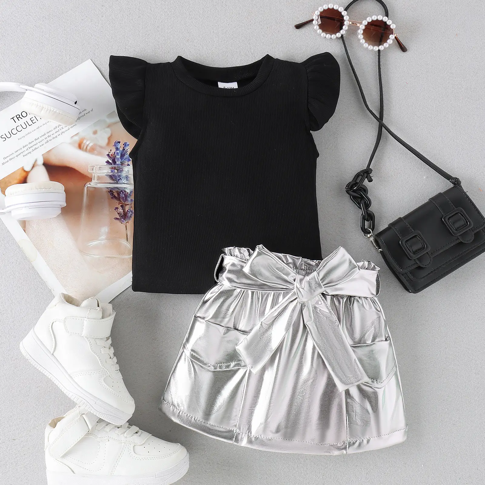 Silver Skirted Girls Summer Top with Belt Set — feature 1