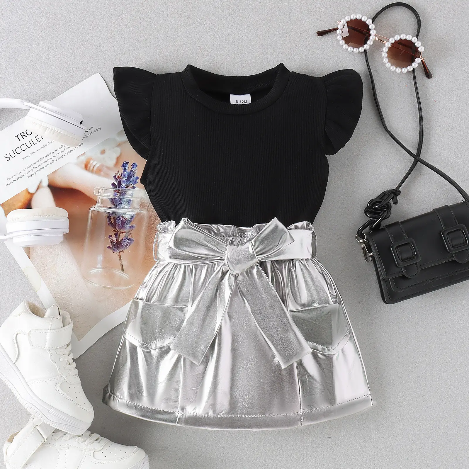 Silver Skirted Girls Summer Top with Belt Set — feature 2