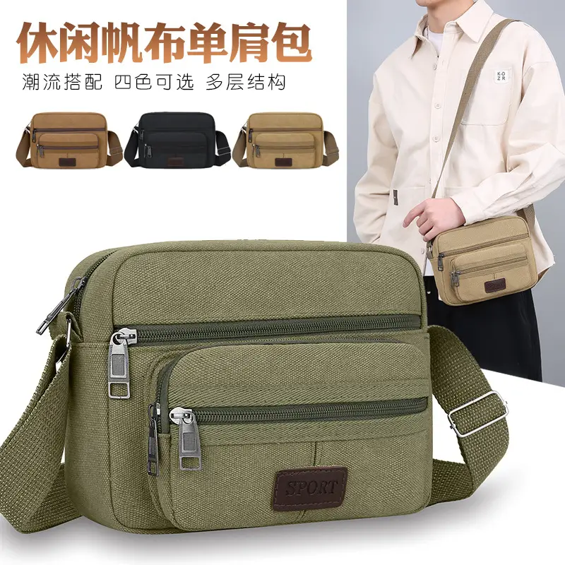 Men's Crossbody Messenger Bag Tan Canvas Small All-Matching - Image 7