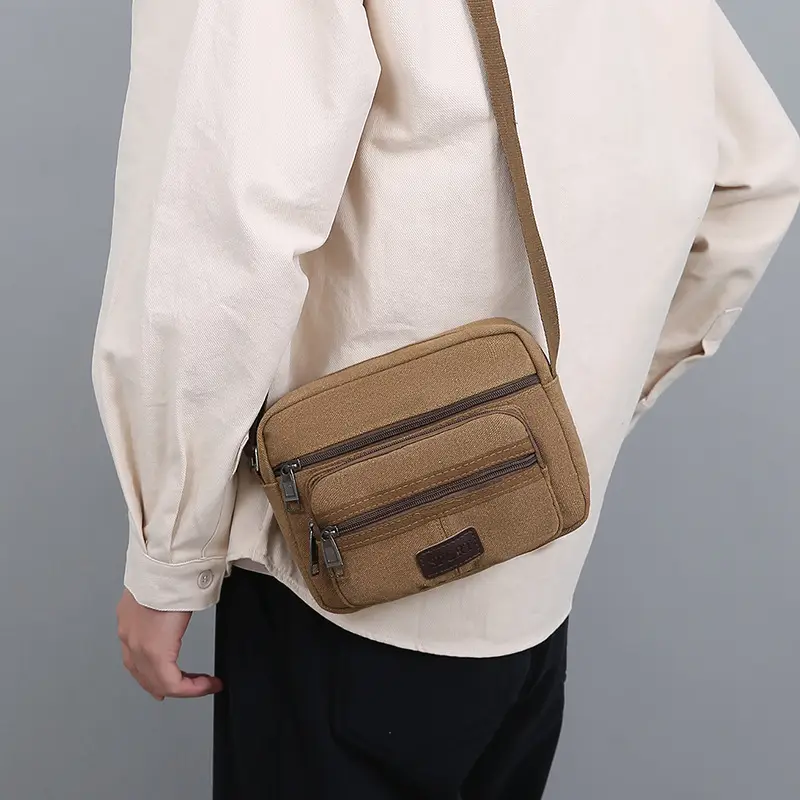 Men's Crossbody Messenger Bag Tan Canvas Small All-Matching - Image 8