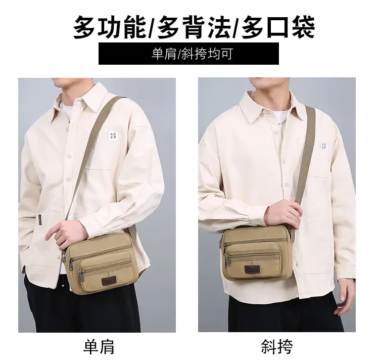 Men's Crossbody Messenger Bag Tan Canvas Small All-Matching — feature 3
