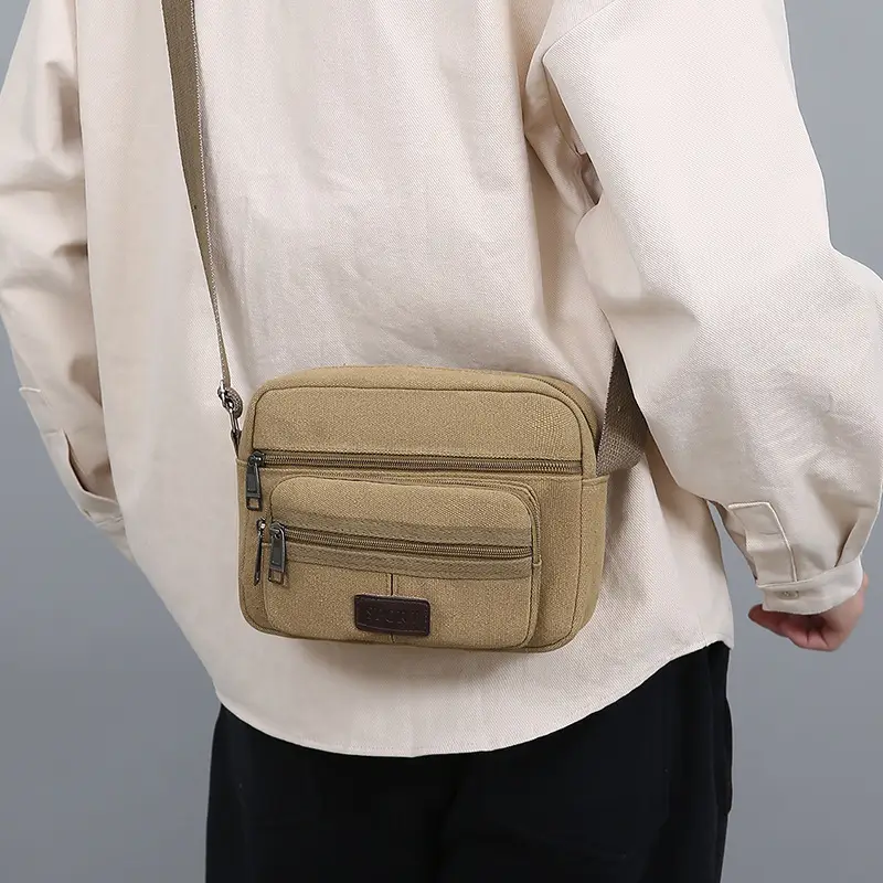 Men's Crossbody Messenger Bag Tan Canvas Small All-Matching — feature 35