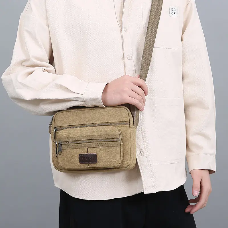 Men's Crossbody Messenger Bag Tan Canvas Small All-Matching — feature 36