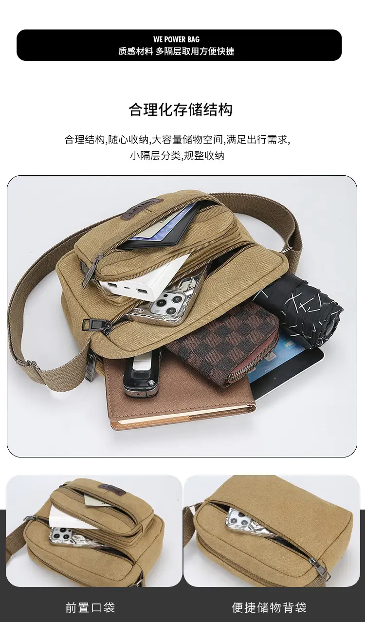 Men's Crossbody Messenger Bag Tan Canvas Small All-Matching — feature 6