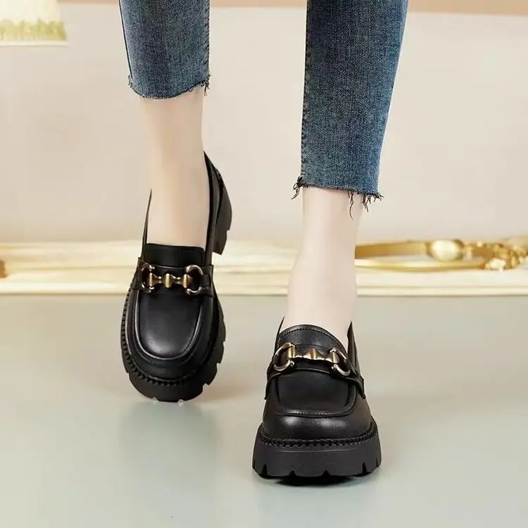 Spring 2024 new women's shoes all-match work leather shoes thick sole height increasing loafers British style slip-on shoes - Image 3