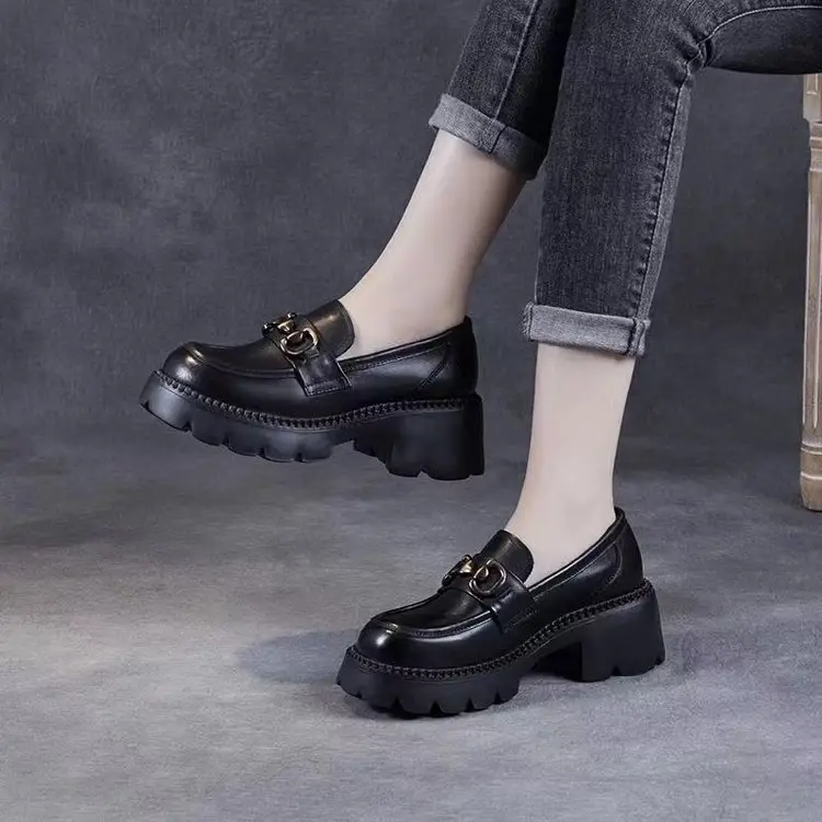 Spring 2024 new women's shoes all-match work leather shoes thick sole height increasing loafers British style slip-on shoes - Image 4
