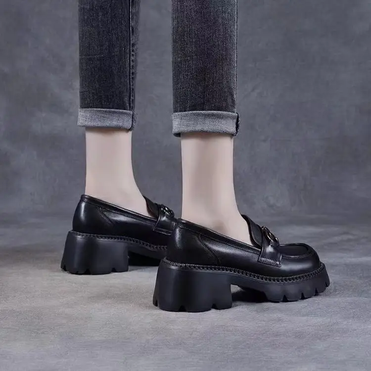 Spring 2024 new women's shoes all-match work leather shoes thick sole height increasing loafers British style slip-on shoes - Image 5