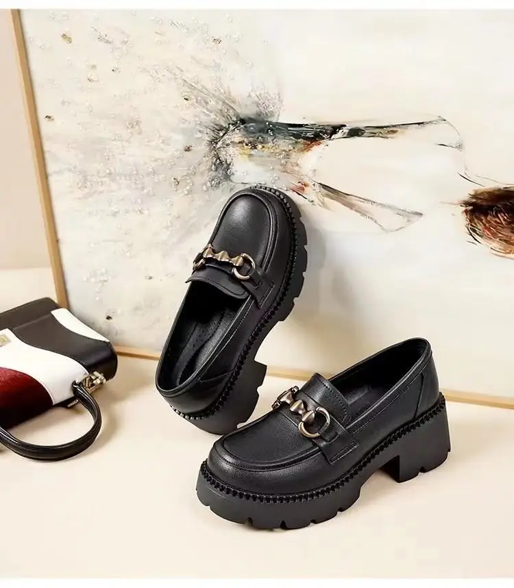 Spring 2024 new women's shoes all-match work leather shoes thick sole height increasing loafers British style slip-on shoes — feature 8