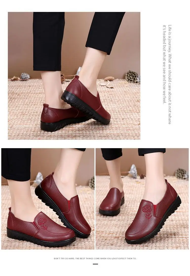 Spring middle-aged mom shoes single-layer shoes soft bottom middle-aged and elderly women's leather shoes flat non-slip old shoes comfortable milk shoes — feature 5