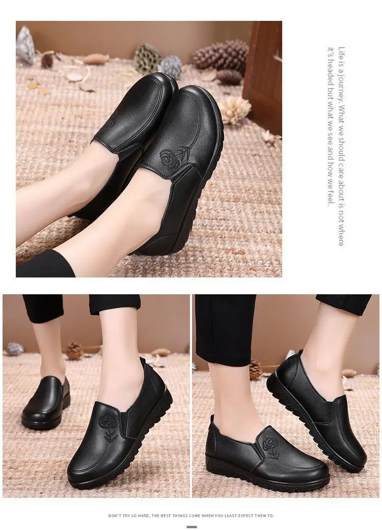 Spring middle-aged mom shoes single-layer shoes soft bottom middle-aged and elderly women's leather shoes flat non-slip old shoes comfortable milk shoes — feature 7