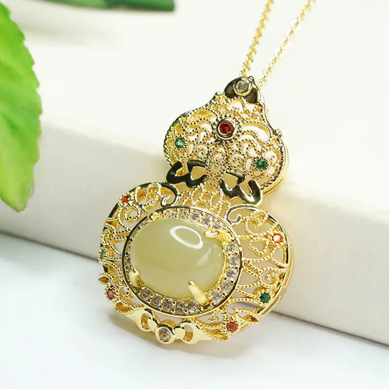 Aiyu Hetian Jade Pendant Necklace with Red Gemstones - Image 3