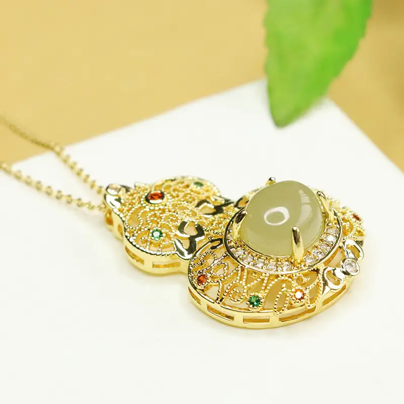 Aiyu Hetian Jade Pendant Necklace with Red Gemstones - Image 5