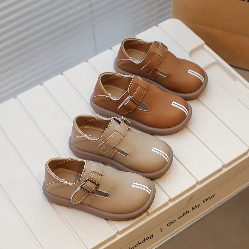 Girls Leather Slip-On Shoes Tan Spring Autumn New