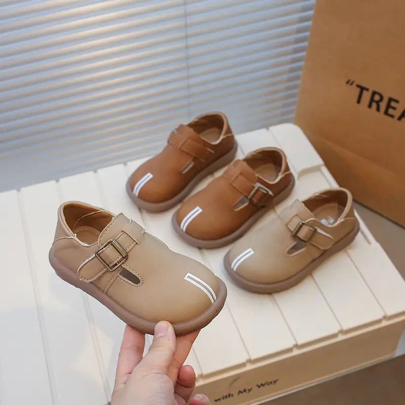 Girls Leather Slip-On Shoes Tan Spring Autumn New