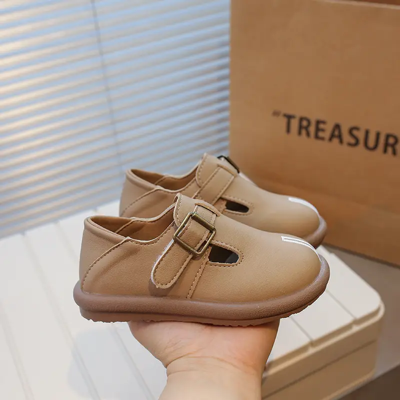 Girls Leather Slip-On Shoes Tan Spring Autumn New