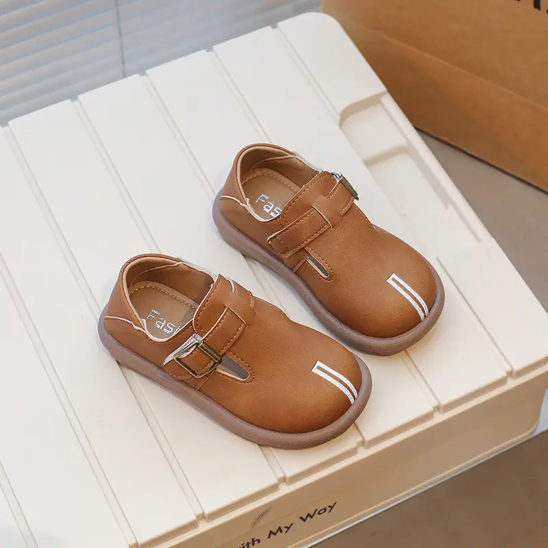 Girls Leather Slip-On Shoes Tan Spring Autumn New