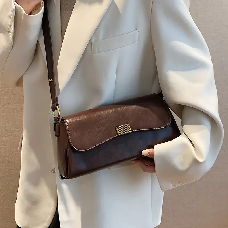 Women's Brown Crossbody Bag with Gold Plated Clasp