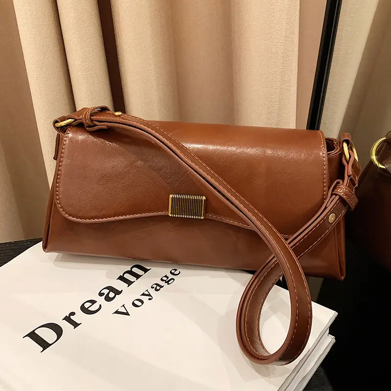 Women's Brown Crossbody Bag with Gold Plated Clasp