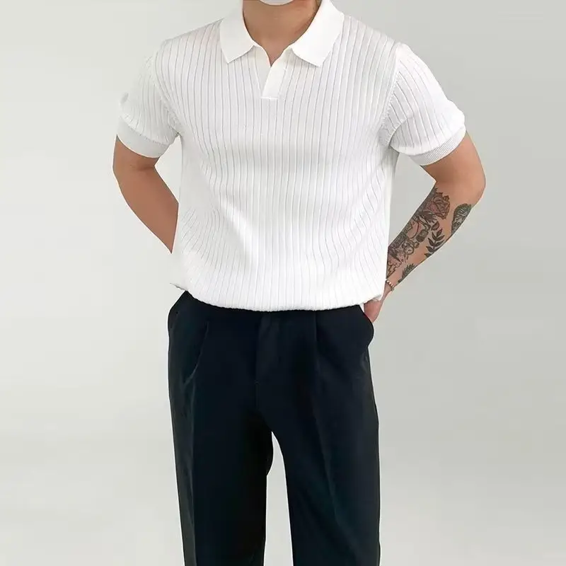 Men Korean Style White Knit Polo Shirt Short Sleeve - Image 6