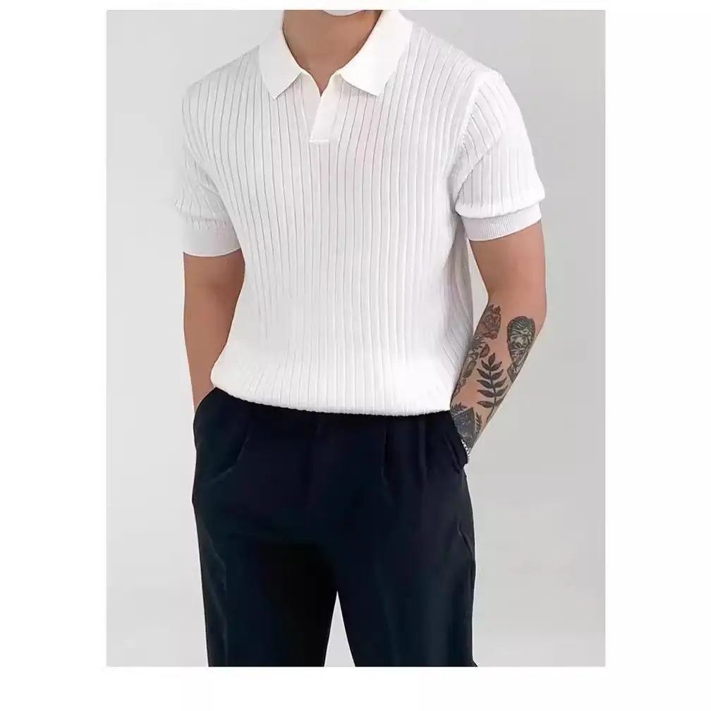 Men Korean Style White Knit Polo Shirt Short Sleeve - Image 7