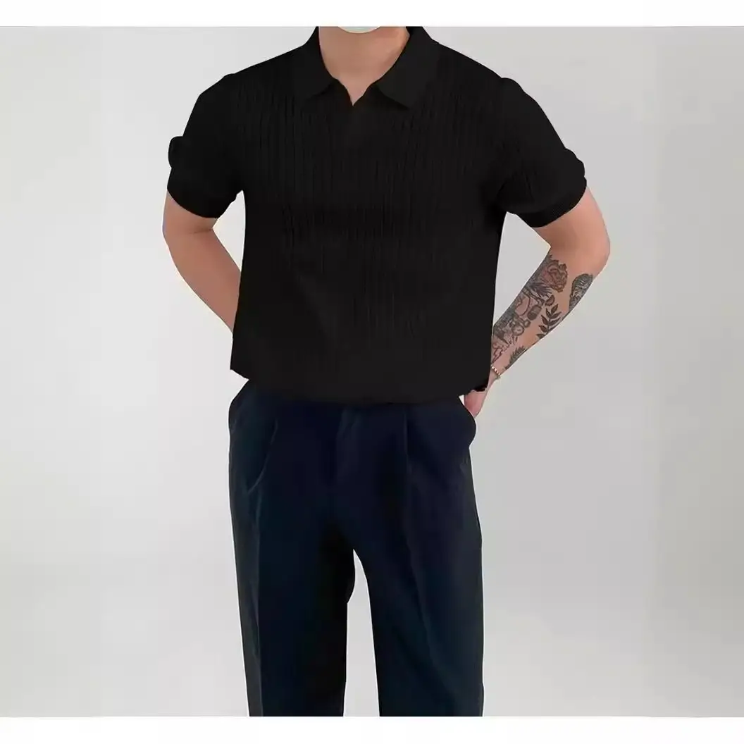 Men Korean Style White Knit Polo Shirt Short Sleeve - Image 8