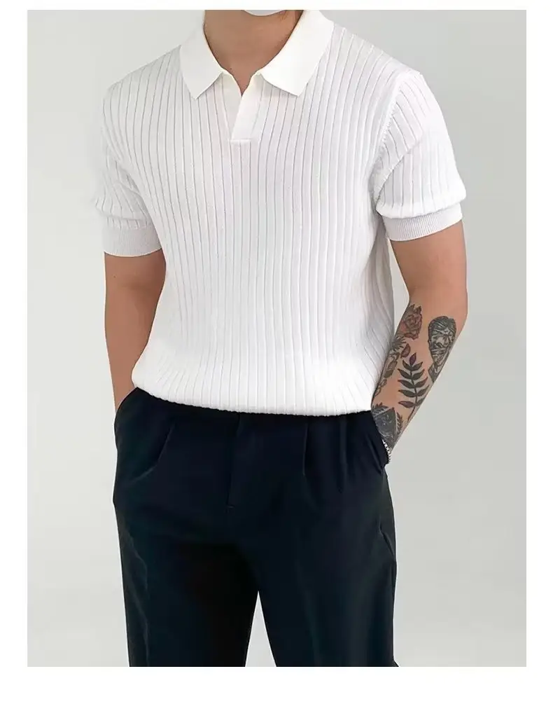 Men Korean Style White Knit Polo Shirt Short Sleeve - Image 2