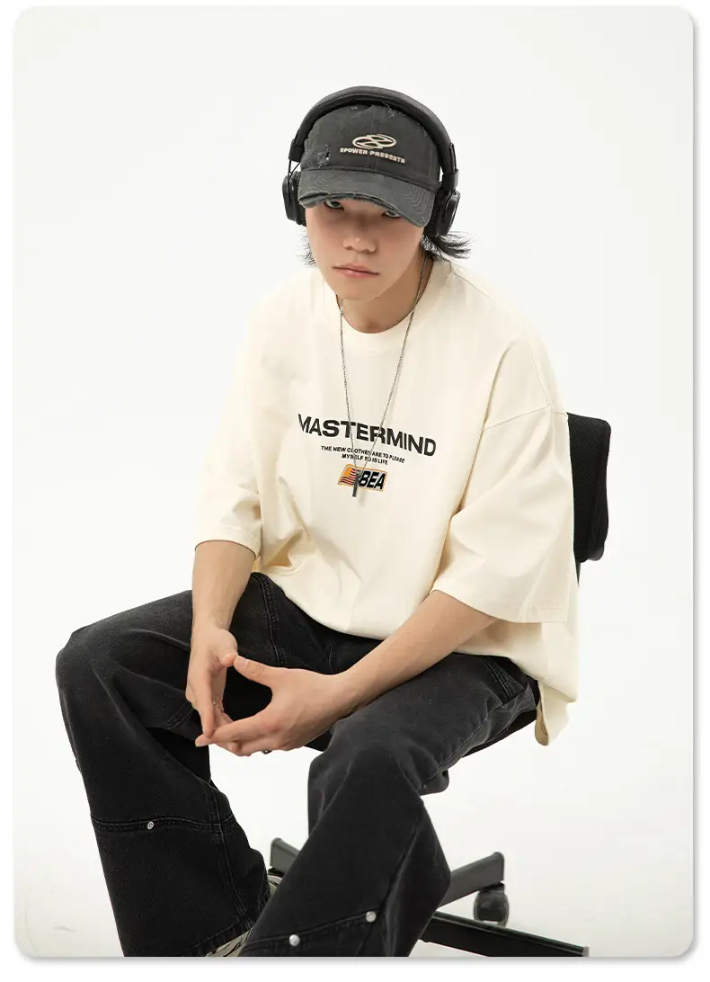 Helu Men's White Mastermind Letter T-Shirt Loose Fit — feature 13