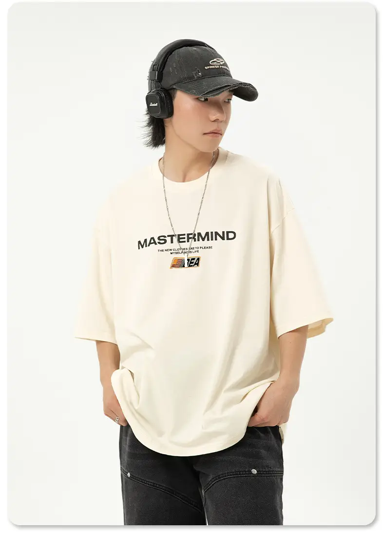 Helu Men's White Mastermind Letter T-Shirt Loose Fit — feature 16