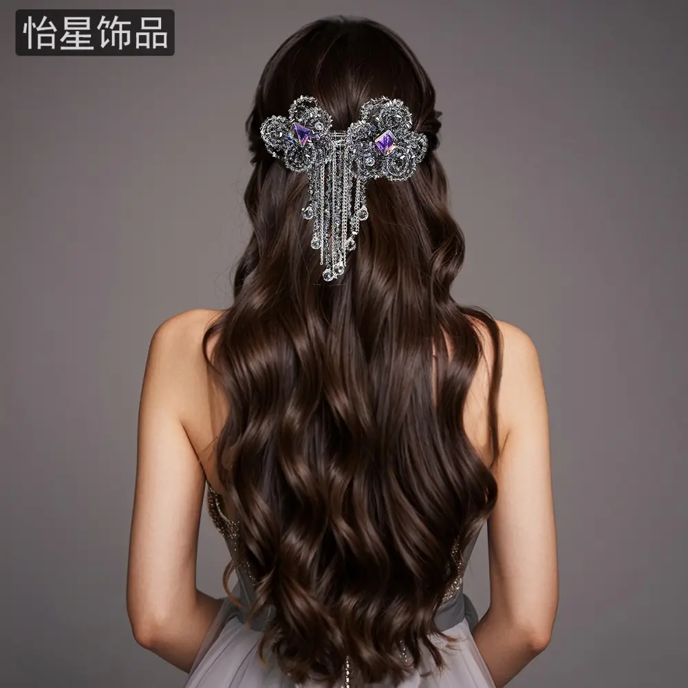 Crystal Tassel Hairpin with Silver Flower Design