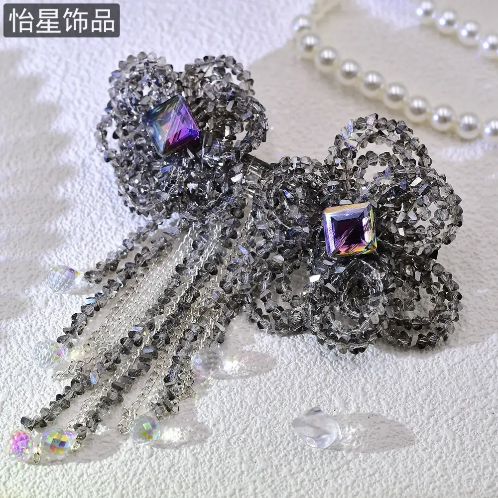 Crystal Tassel Hairpin with Silver Flower Design