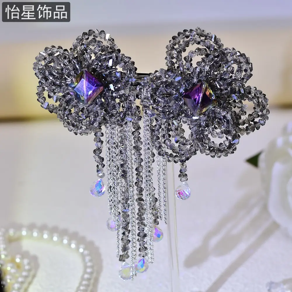 Crystal Tassel Hairpin with Silver Flower Design