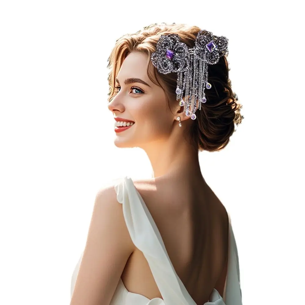 Crystal Tassel Hairpin with Silver Flower Design