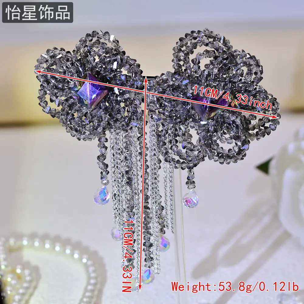 Crystal Tassel Hairpin with Silver Flower Design — feature 4
