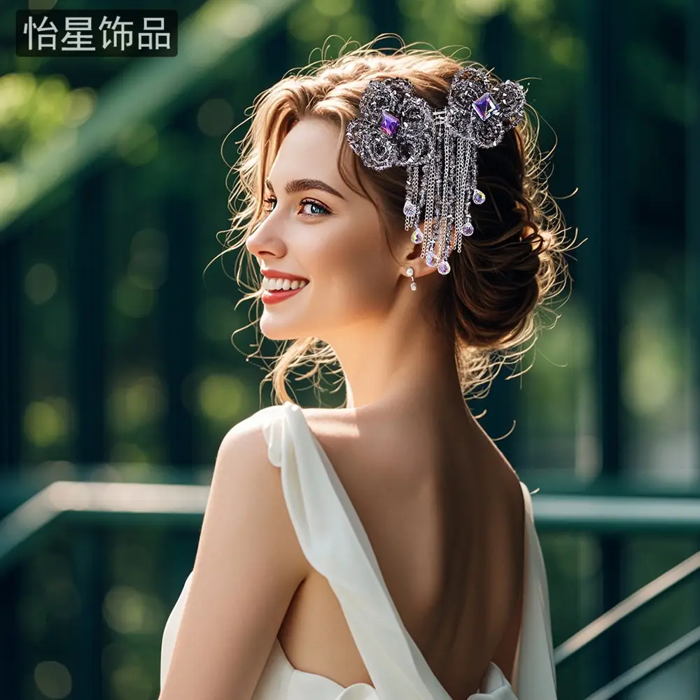 Crystal Tassel Hairpin with Silver Flower Design — feature 7