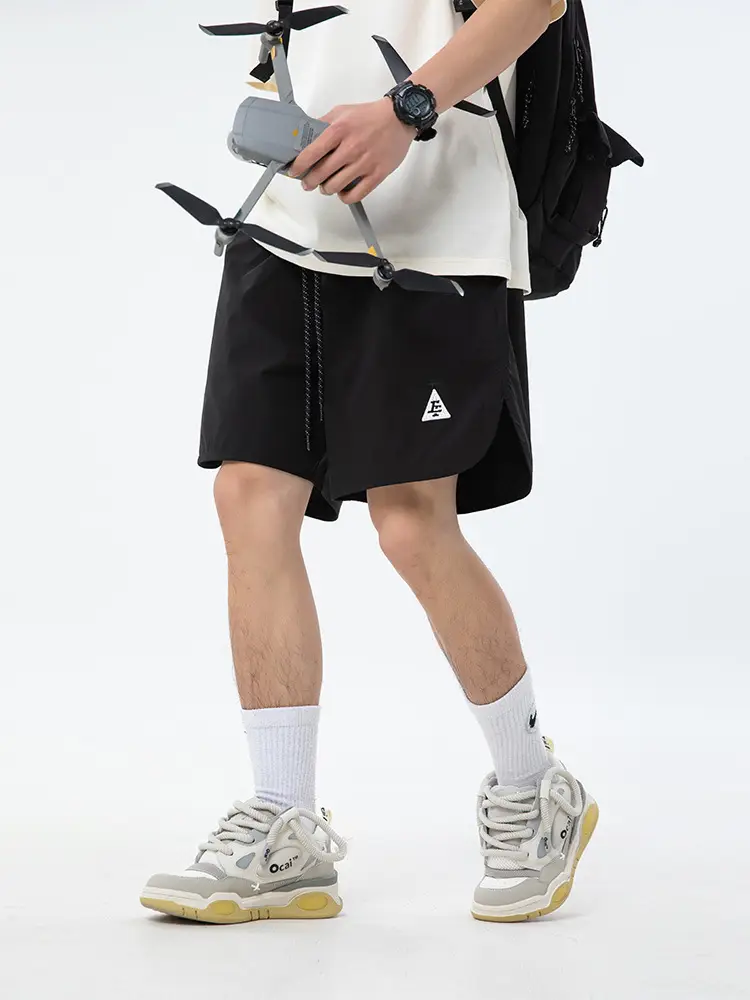 Men Curved Slit Sports Shorts Black White - Image 6