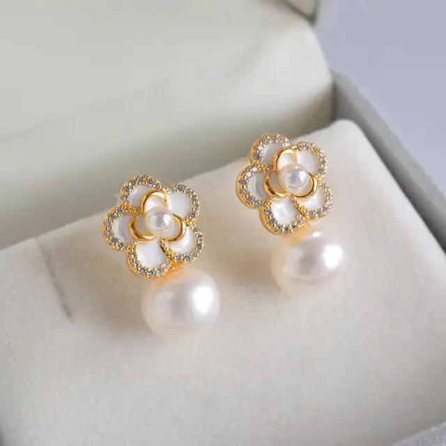 White Camellia Pearl Earrings for Women - Image 2