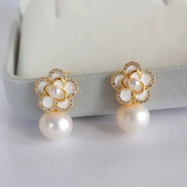 White Camellia Pearl Earrings for Women - Image 3