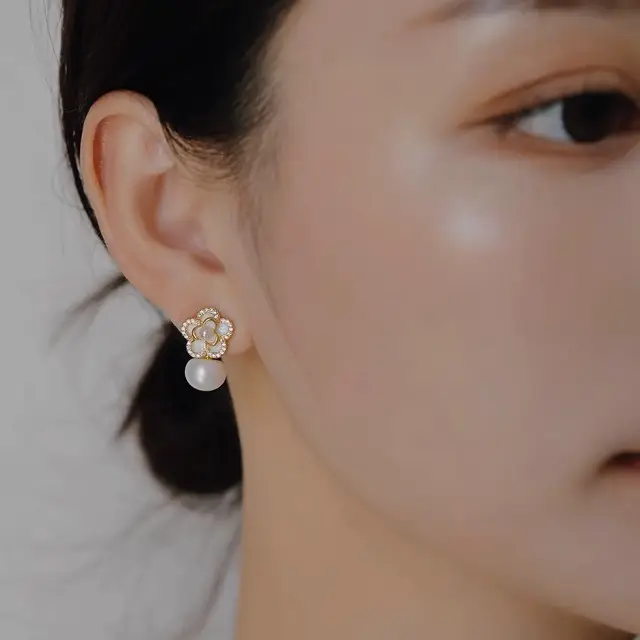 White Camellia Pearl Earrings for Women - Image 4
