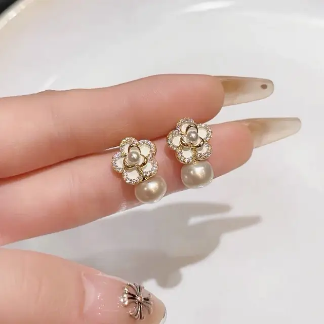 White Camellia Pearl Earrings for Women - Image 5