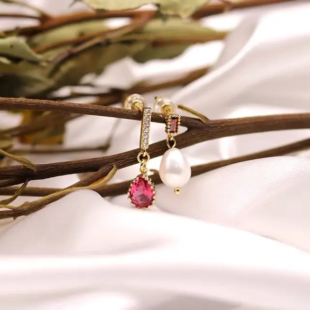 Red Pearl Drop Earrings 14K Gold Elegant Asymmetric - Image 3