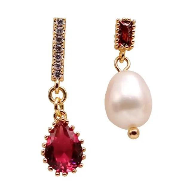 Red Pearl Drop Earrings 14K Gold Elegant Asymmetric - Image 5
