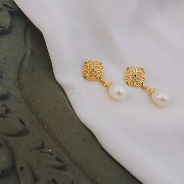 Vintage Pearl Earrings with Diamond Flower Drop - Image 2